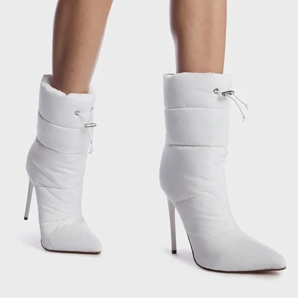 PUFFER HEELED BOOT Stiletto White Pointed Toe Bootie - Picture 1 of 11